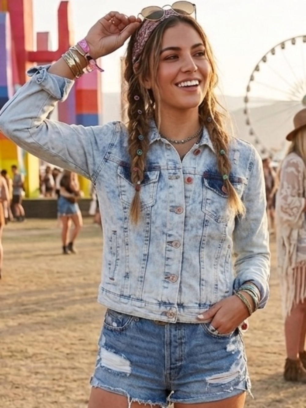Chamur National Moonstruck Button Acid Wash Distressed Crop Jean Jacket Small